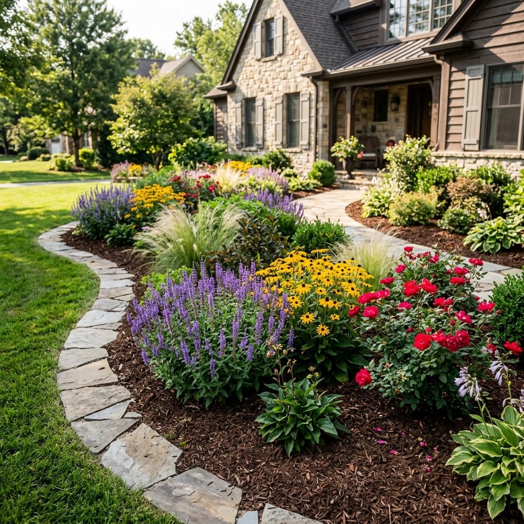 Colorful garden bed with salvia, black-eyed Susans, and roses