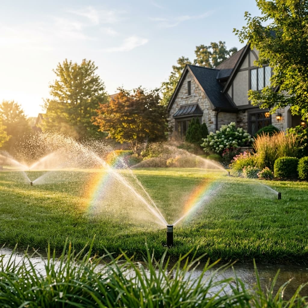 Residential irrigation system sprinklers watering a green lawn at sunrise