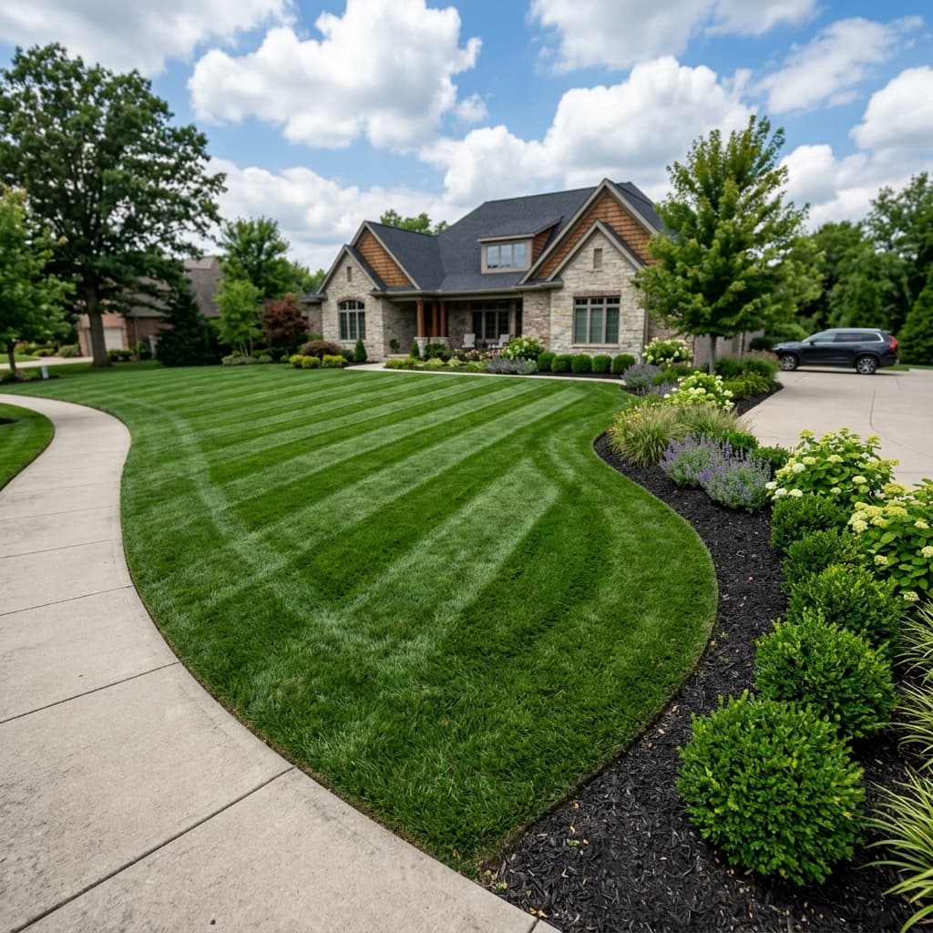 Perfectly manicured residential lawn with diagonal mowing lines