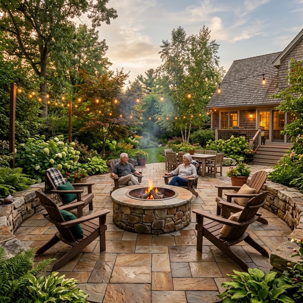 Custom stone paver patio with fire pit surrounded by lush landscaping